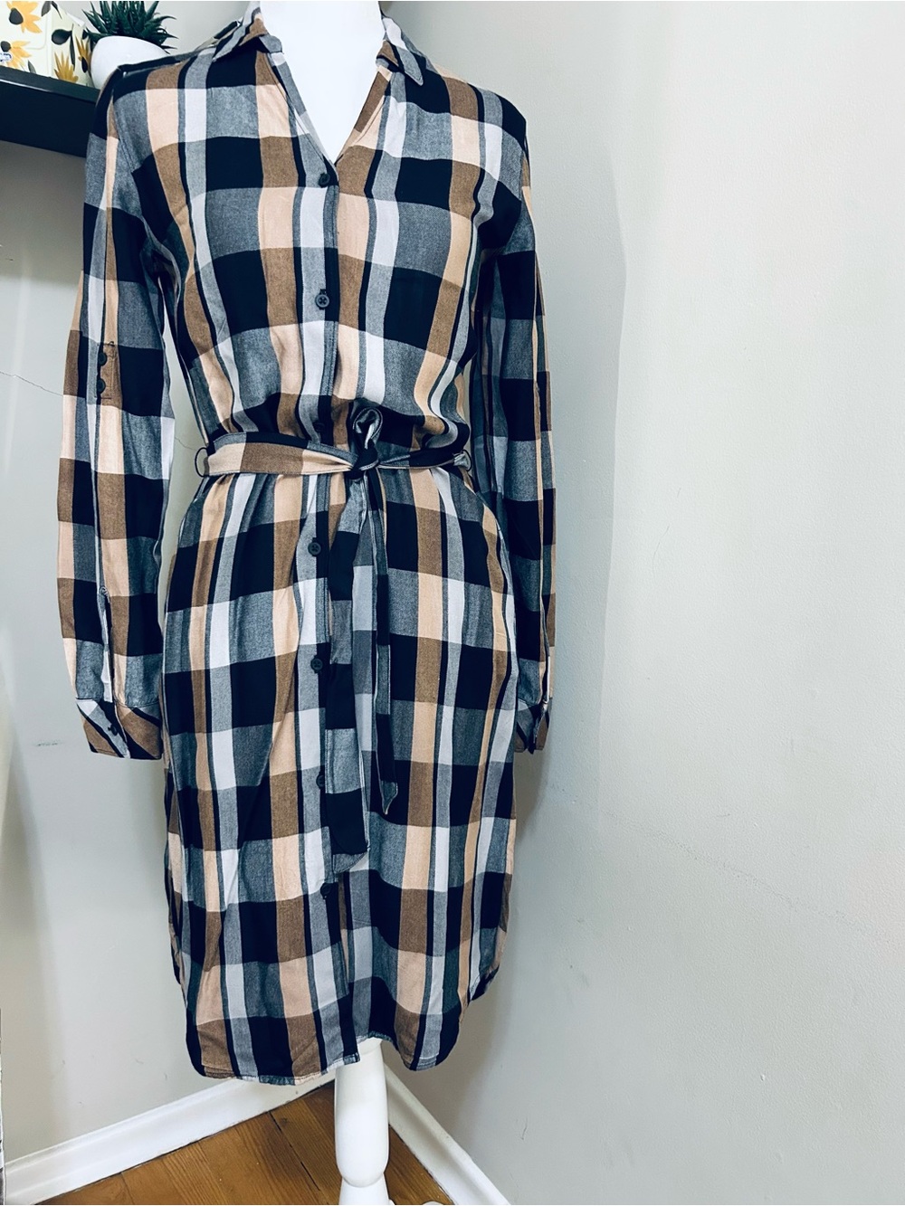 Plaid Shirt Dress with Waist Tie - Black & Tan